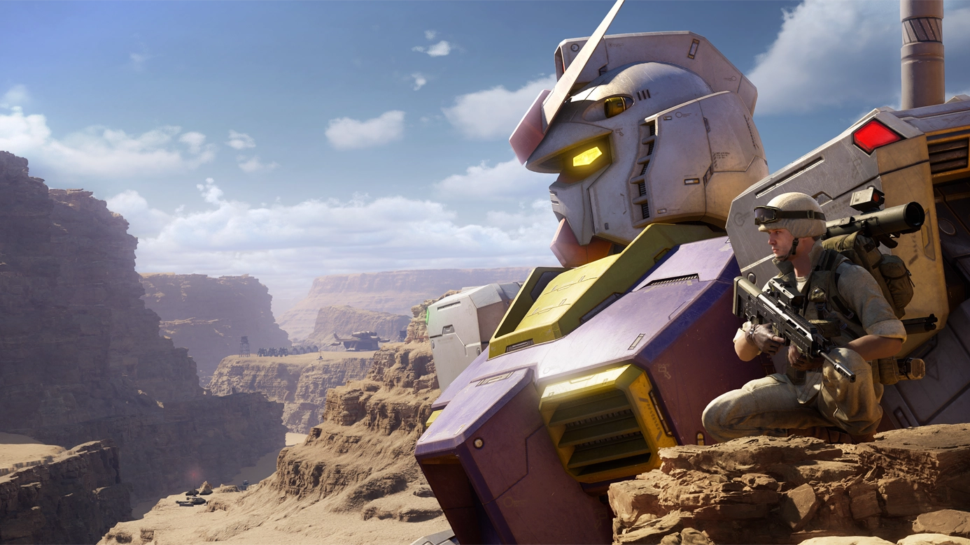 Gundam Battle Operation 3 promotional image of a mobile suit and an infantry pilot above a rocky canyon